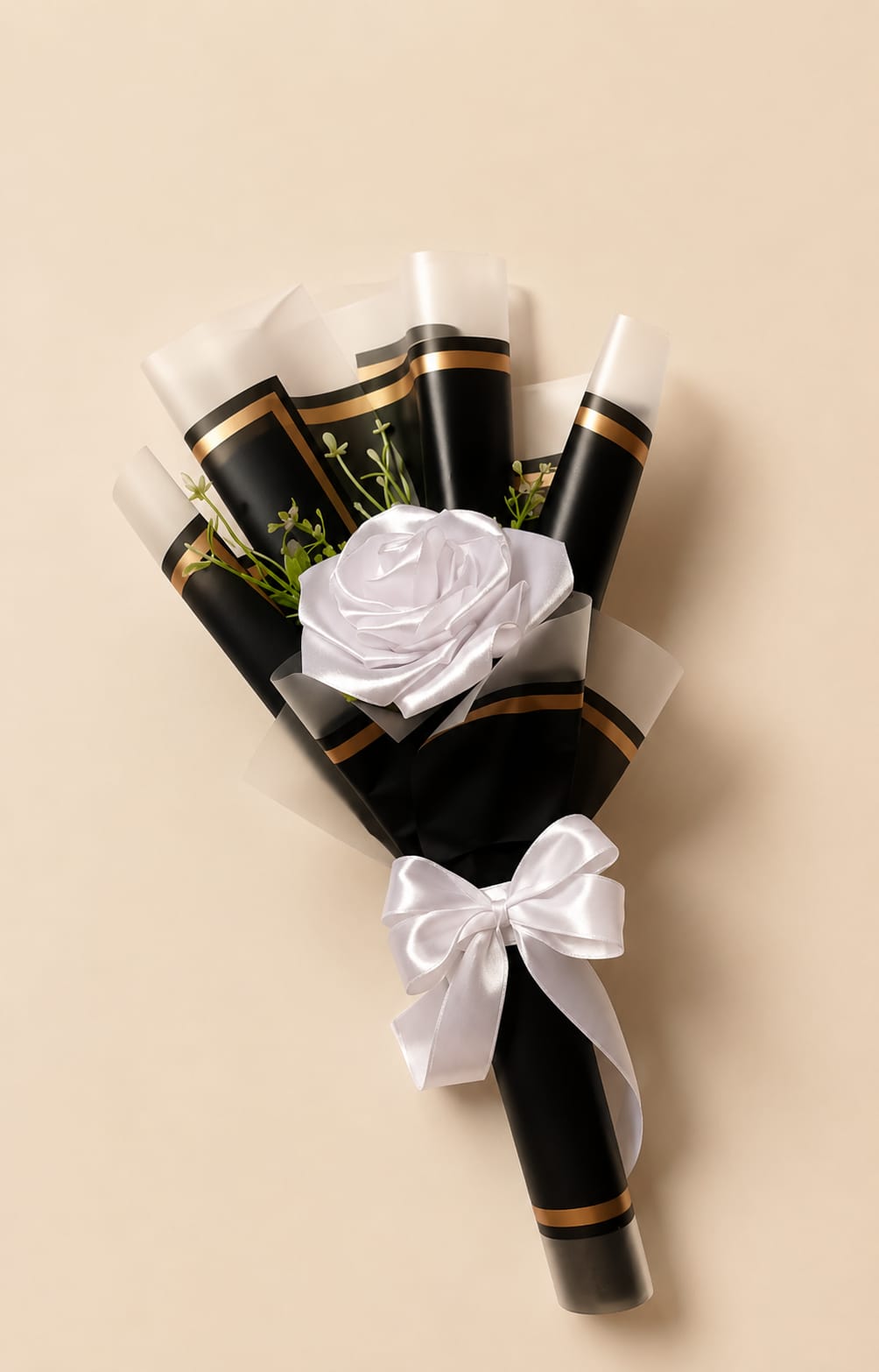 Handmade White Rose Flower Bouquet with Black Wrapping Paper