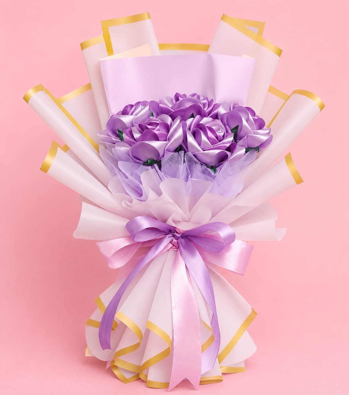 Handmade Lavender Rose Flower Bouquet with White Wrapping Paper