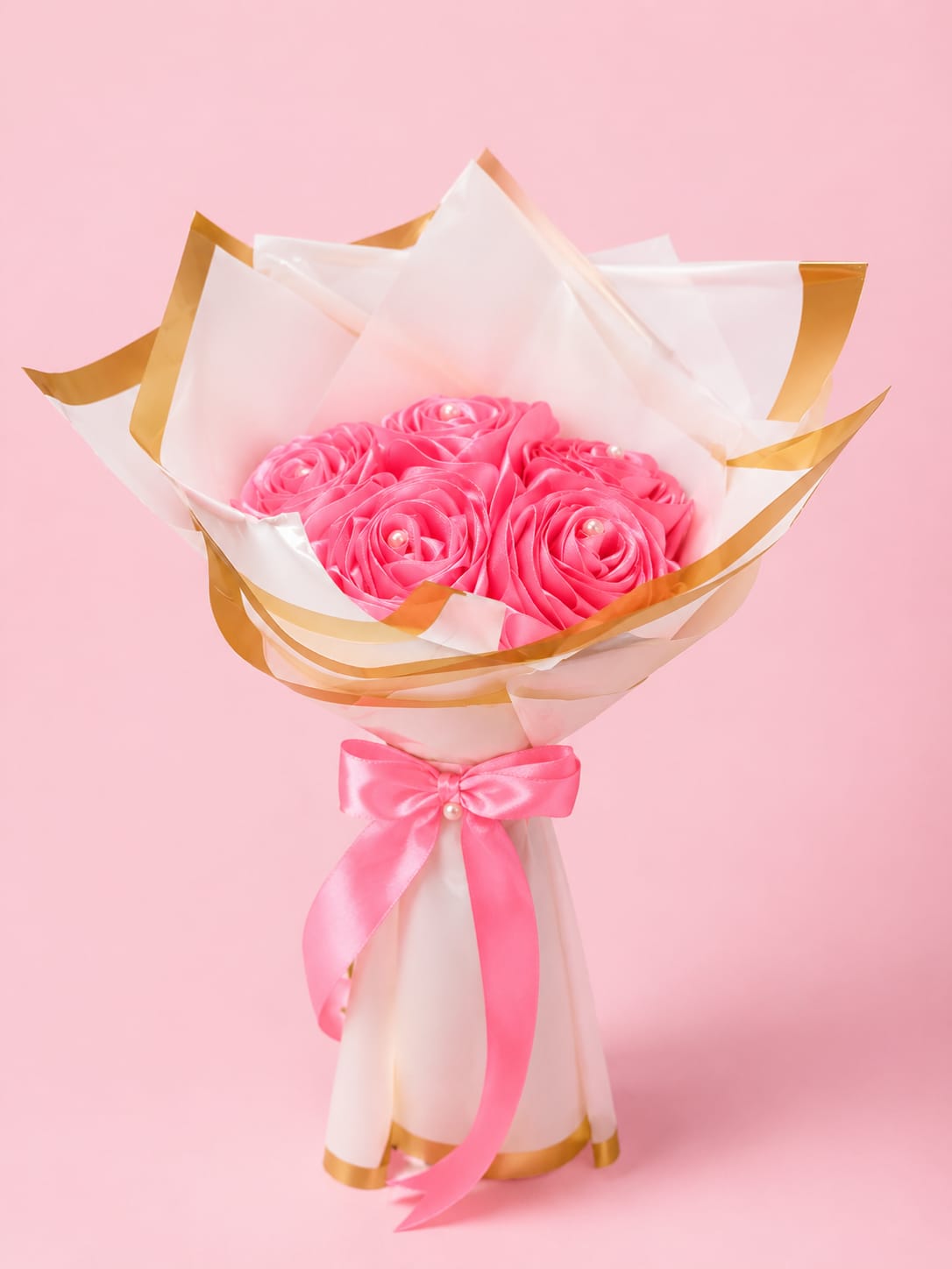 Handmade Pink Rose Flower Bouquet with White Wrapping Paper